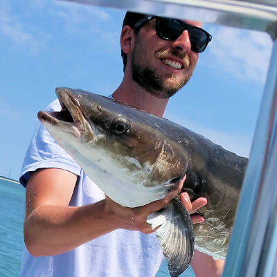 Hatteras Island angler with a nice Cobia on an inshore fishing charter